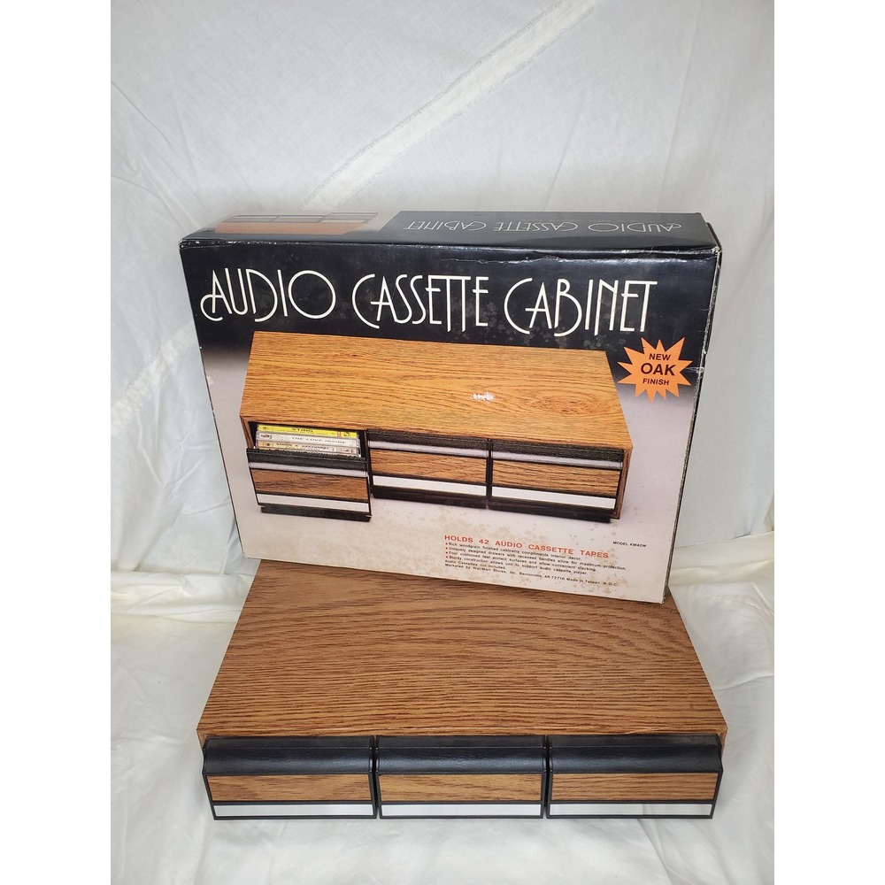 Vintage Faux Oak Audio Cassette Tape‎ Holder in Original Box (NOS)